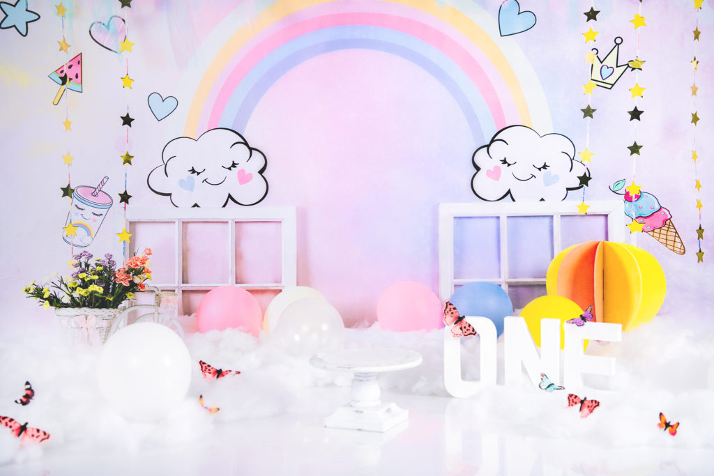Light beautifull background with rainbow and balloons. 